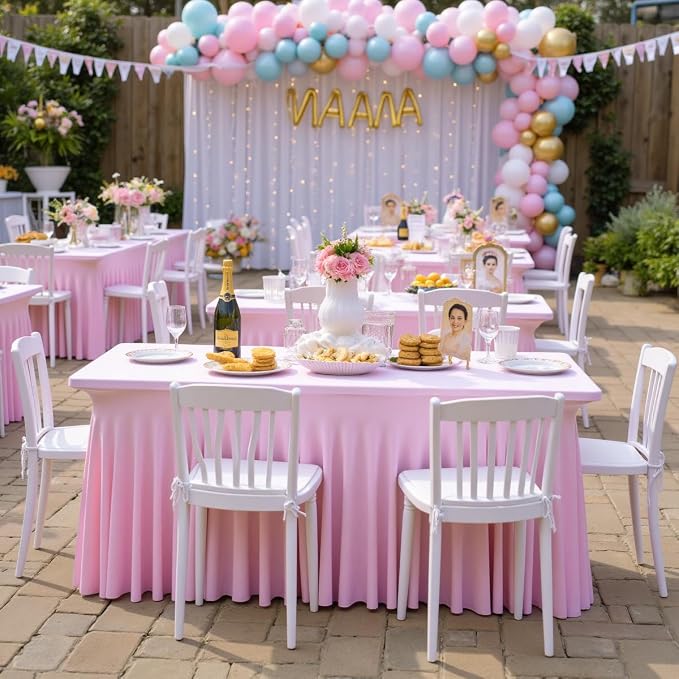 Spandex Tablecloth 8FT Rectangle Table Cover 4 Pack Pink Wrinkle-Free - Image 6