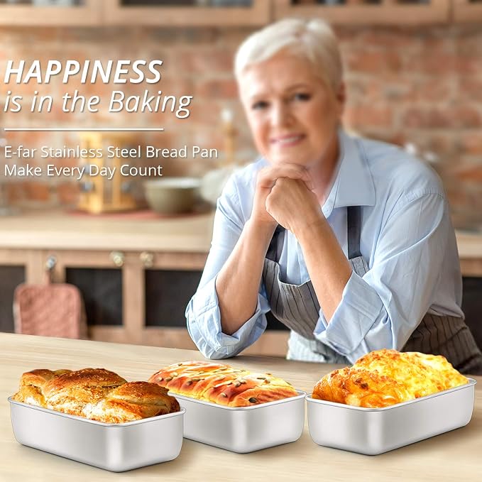 E-far Loaf Pan for Baking Bread, 9 x 5 Inch Stainless Steel Bread Pan, 3PCS | Non-Toxic Bread Tins for Homemade Banana Cake Meatloaf Brownies, Healthy & Easy Release, Dishwasher Safe - Image 4