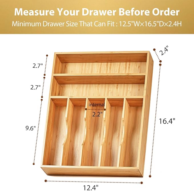 Umilife Kitchen Drawer Organizer, 12.5 Inch Silverware Utensil Tray Holder, Extra Deep, with Non-Slip Feet & Grooved Drawer Divider, 7 Slots Total Bamboo Wood Caddy for Flatware Cutlery Knives - Image 5