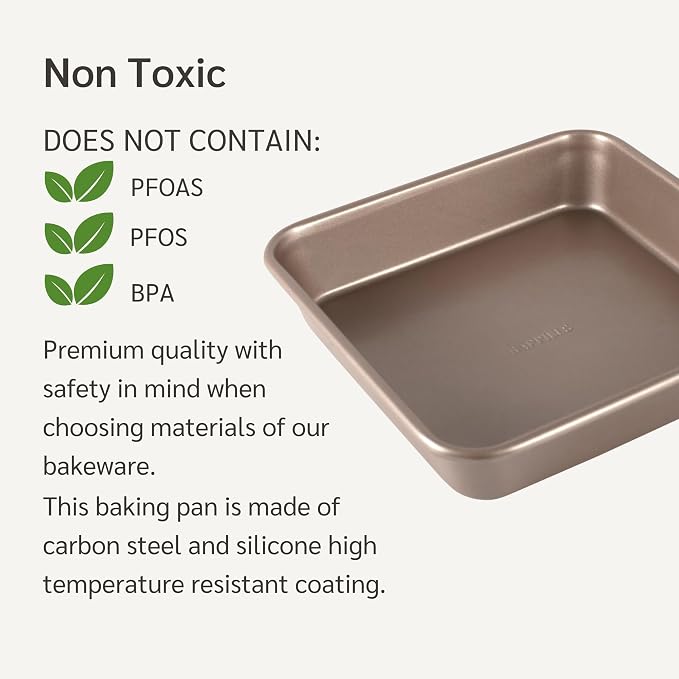 HAPPIELS 9 x 9 inch Square Baking Pan Nonstick, PFOA & BPA Free | | Non-Toxic - High Carbon Steel - Gold - Cake & Brownie Mold - Image 4