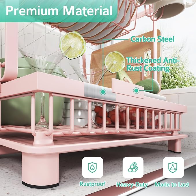 2-Tier Dish Drying Rack for Kitchen Counter, Space-Saving, Pink - Image 5