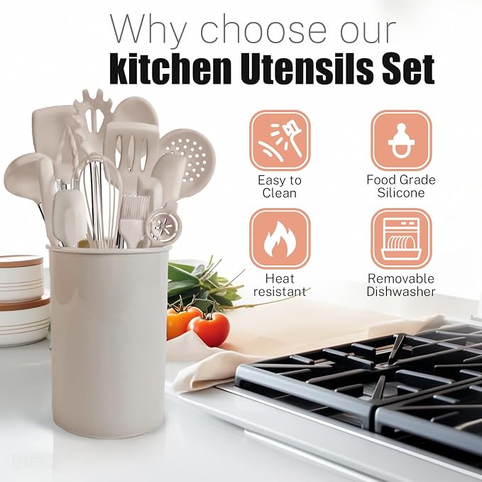 Silicone Kitchen Cooking Utensils Set with Stainless Steel Handle, Spatula Set Utensil Set, Cooking Utensil Set,Kitchen Tools Gadgets for Nonstick Cookware (35, Khaki) - Image 5