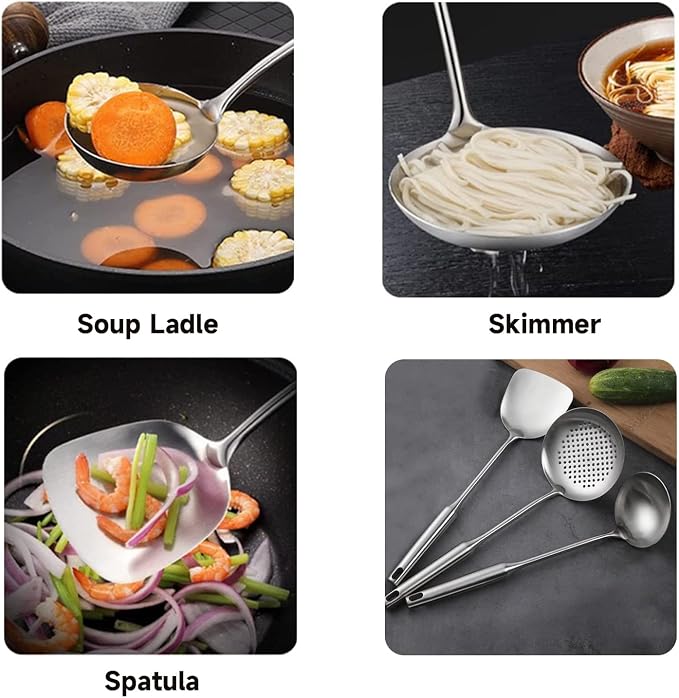 Wok Utensils for Carbon Steel Stainless Steel Wok Spatula Wok Tools | Professional Set, 3-Pieces Food-Grade 304 Stainless Steel Cooking Utensils All Metal, Dishwasher Safe - Image 2