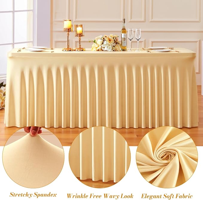 Besutolife 2 Pack Champagne Spandex Tablecloth for 6ft Rectangle Tables Fitted Table Cloth Stretch Table Covers Skirt 6ft Rectangular Tablecloths for Banquet Parties Wedding Decorations - Image 5