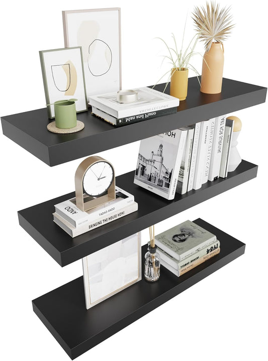 Colima Floating Shelves for Wall Black Wood Wall Shelf for Bedroom, 24 Inch Wall Mounted Floating Shelves for Bathroom Living Room Kitchen Office, 1.3" Thick Floating Book Shelves for Wall, Set of 3