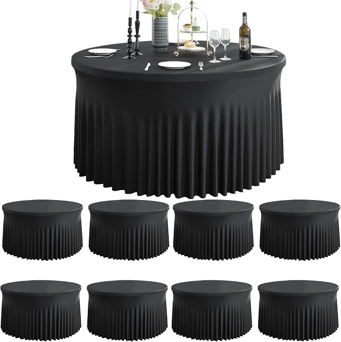 8 Pack Spandex Black Round Tablecloths for 72inch Table, Wrinkle Free 132inch Stretchy Fitted 6ft Round Table Cloth Covers with Skirt for Wedding Birthday Graduation Parties Banquet Events by Htper
