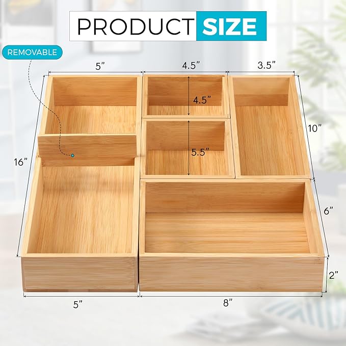 Fabsome Bathroom Drawer Organizer, Bamboo Box Bin for Junk Vanity Desk Makeup Drawer, Small Wooden Container Tea Storage Organization Tray for Kitchen Office, Set of 5 - Image 2