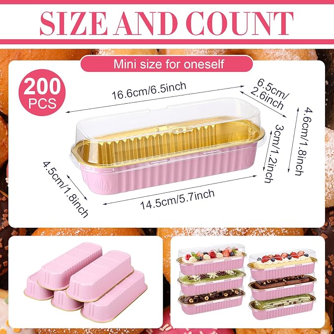 Qunclay 200 Pcs Aluminum Foil Mini Loaf Pans with Lids 6.8 oz Disposable Mini Cake Pan with Lid Rectangle Baking Cups for Party Muffin Cheesecake Ramekins(Pink, Gold) - Image 2