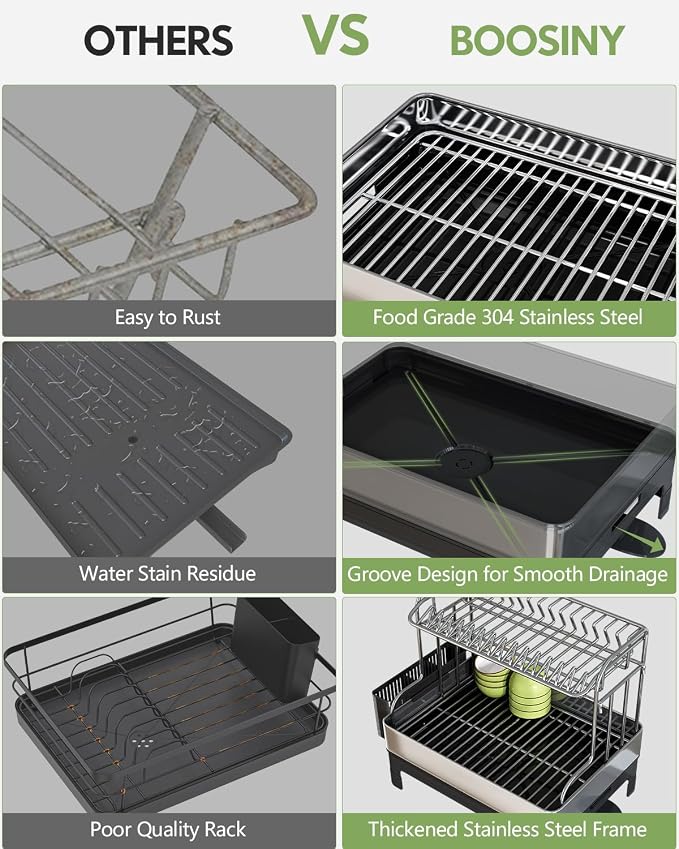BOOSINY 2 Tier Large Stainless Steel Dish Drying Rack with Drain Board - Image 4