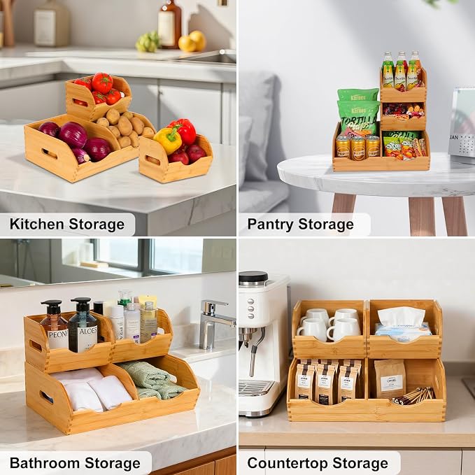 Bamboo Pantry Storage Bins,Fruits and Vegetables Basket | Stackable Potato & Onion Storage Bin for Kitchen Countertop,Multiuse - Set of 3 Pack - Image 4