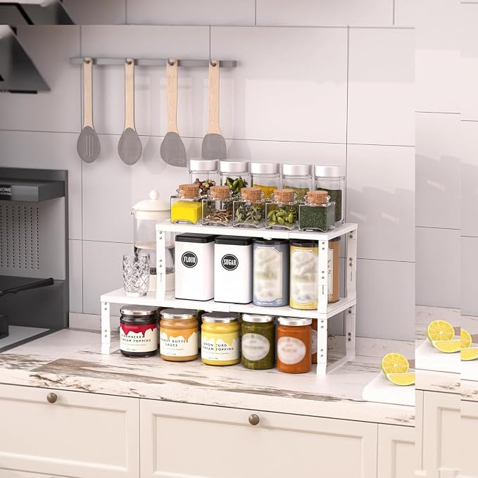 Heavy-Duty Adjustable Metal Shelf Organizer - Expandable & Stackable Pantry Storage Rack for Kitchen, Bathroom, RV, Cabinets(2 Packs/White, Large) - Image 2
