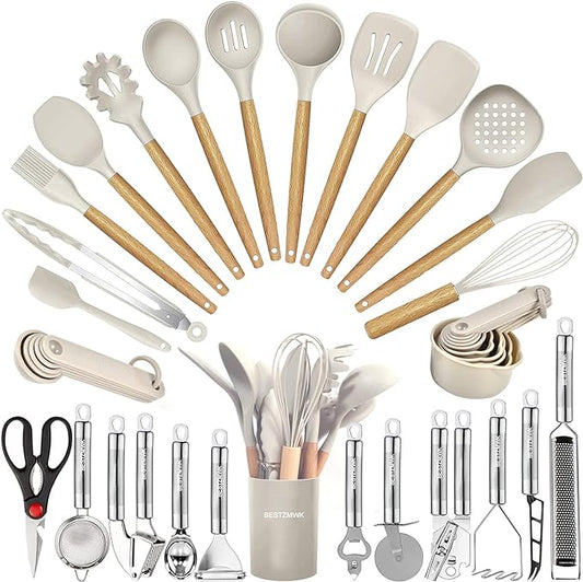 Kitchen Utensils Set- 35 PCs Cooking Utensils with Grater,Tongs, Spoon Spatula &Turner Made of Heat Resistant Food Grade Silicone and Wooden Handles Kitchen Gadgets Tools Set for Nonstick Cookware by BESTZMWK