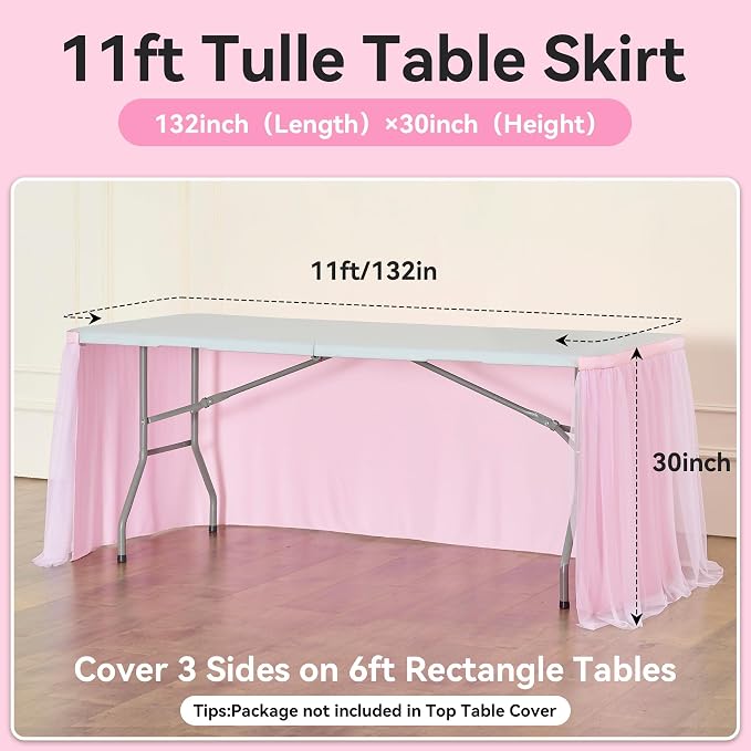 132in Baby Pink Tulle Table Skirts for Rectangle Tables 6ft 8ft, 2-Layer 11 ft Long Gold Grim Princess Pink Ruffle Tulle Tutu Table Skirt Cloth for Girl Birthday Baby Cake Dessert(No Table Cover) - Image 5