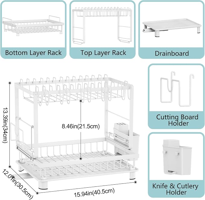 2-Tier Dish Drying Rack for Kitchen Counter, Space-Saving, White - Image 6