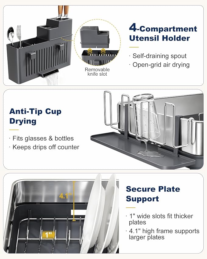 SNTD 304 Stainless Steel Dish Drying Rack for Small Kitchen Counter, Grey - Image 7