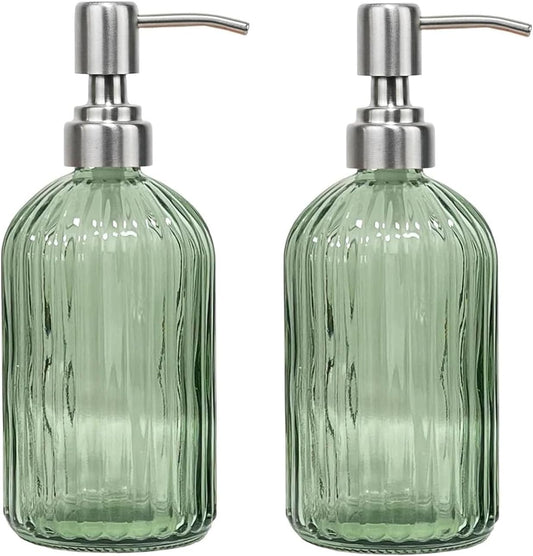 14Oz Green Soap Dispenser Bathroom - 2 Pack, Clear Glass Hand Soap Dispensers with Stainless Steel Pump, Refillable Dish Soap Dispenser with Funnel for Kitchen, Countertop Soap Dispensers