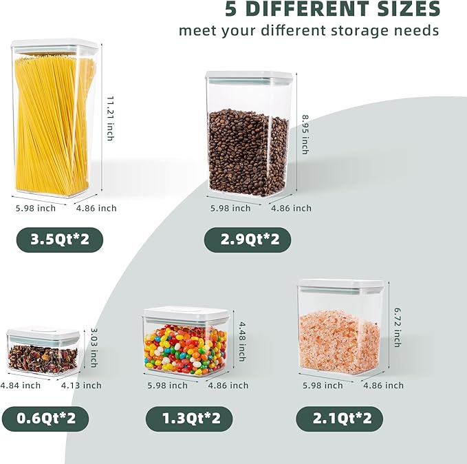 Airtight Food Storage Containers, 10-Piece, 5 Sizes, Pop-Top Lids | Clear Stackable Pantry Canisters for Flour, Sugar, Cereal, Pasta, Oats, Coffee, Snacks and Everyday Home Baking Ingredients - Image 4