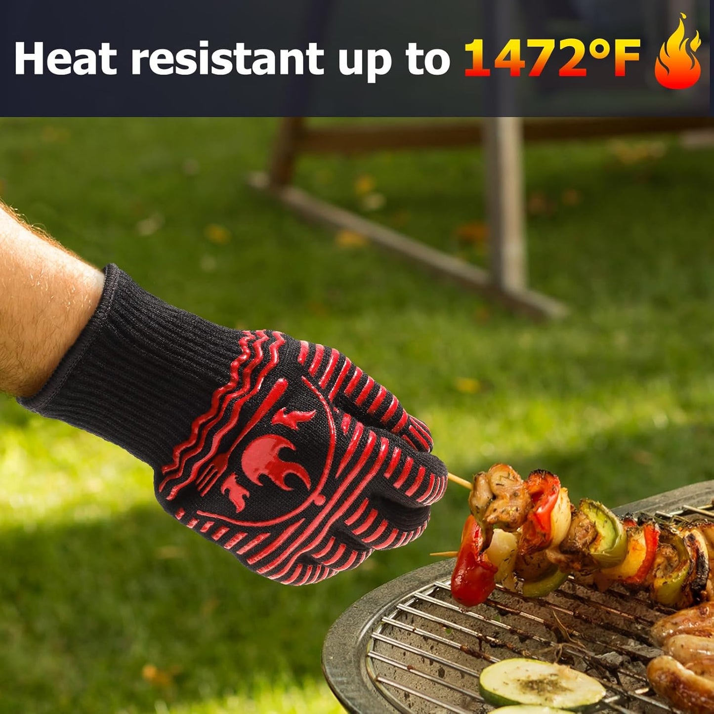 BBQ Gloves, 1472°F Extreme Heat Resistant Grill Gloves, Non-Slip Food Grade Silicone Oven Mitts Gloves for Kitchen, Cooking, Barbecue, Baking, Smoker Red (11inch)