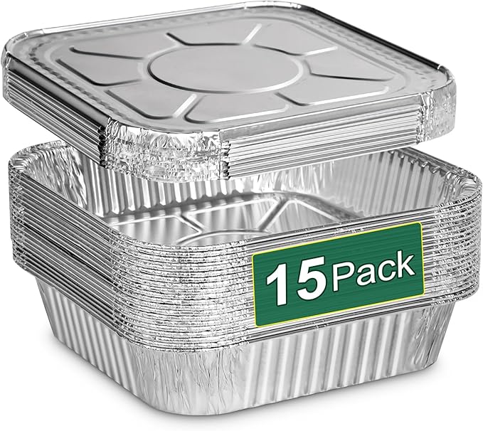 8x8 Inch Disposable Aluminum Foil Pans with Lids (15 Pack) - Heavy-Duty Baking Trays for Air Fryer, Oven- Reusable & Leakproof Design by Alfolic