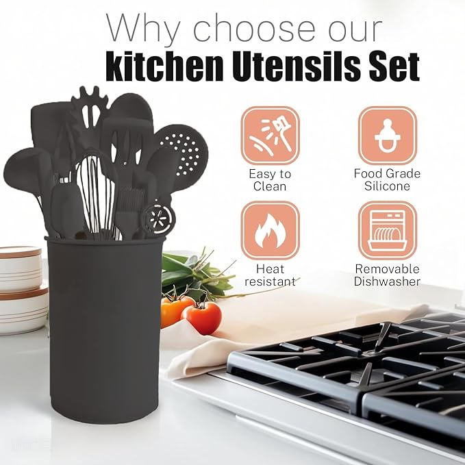 Silicone Kitchen Cooking Utensils Set with Stainless Steel Handle, Spatula Set Utensil Set, Cooking Utensil Set,Kitchen Tools Gadgets for Nonstick Cookware (35, Black) - Image 5