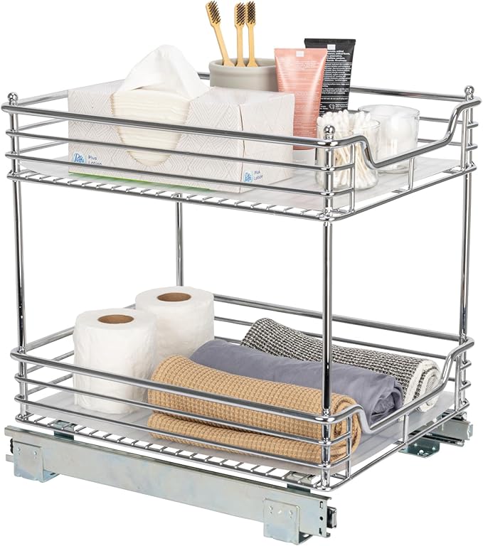 Household Essentials Glidez Chrome-Plated Steel Pull-Out/Slide-Out Storage Organizer with Plastic Liners for Under Cabinet Use - 2-Tier Design - Fits Standard Size Cabinet or Shelf, Chrome by HouseholdEssentials