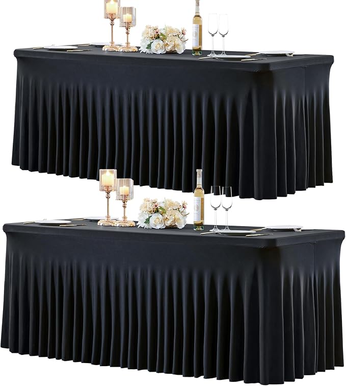gogoparti 2 Pack Spandex Black Fitted Table Cloth for 8ft Rectangle Tables Black Stretch Tablecloth Table Covers Skirt Banquet Wrinkle Free Tablecloths for Parties Wedding by Gogoparti