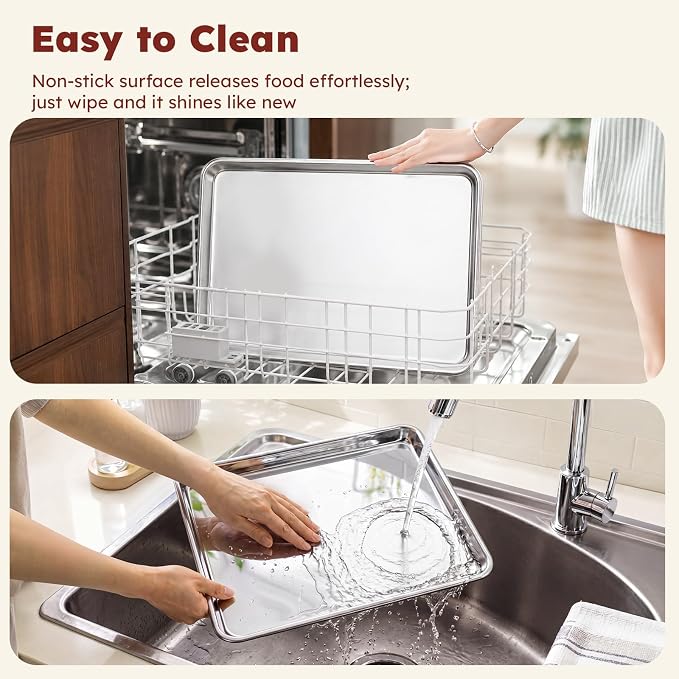 % Baking Sheet Set of 3: Stainless Steel Cookie Sheets for Baking | ././  Baking Pans Set - Dishwasher Safe, Rust Resistant - Mirror Finish, Non Toxic & BPA Free - Image 6