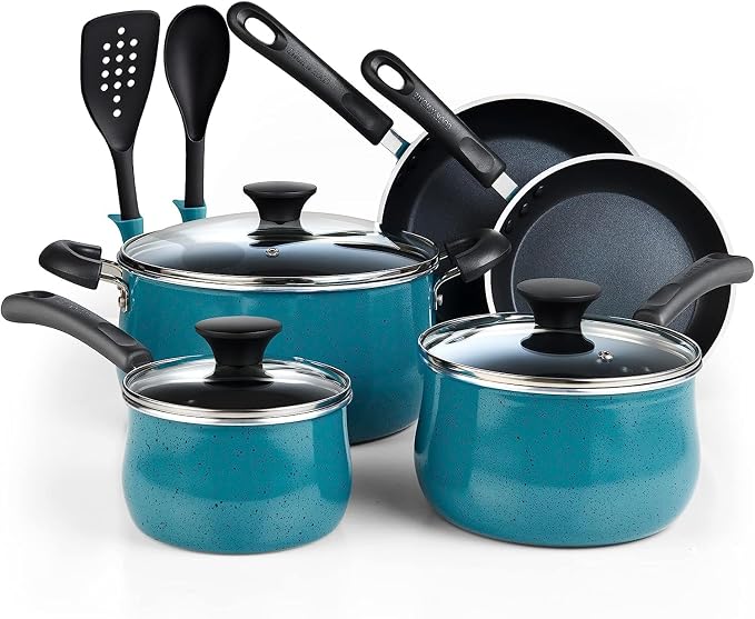 Cook N Home Professional Pots and Pans Nonstick Cookware Set, Belly Shape Kitchen Cooking Set with Frying Pans and Saucepans, Induction Compatible, 10-Piece, Turquoise by CookNHome
