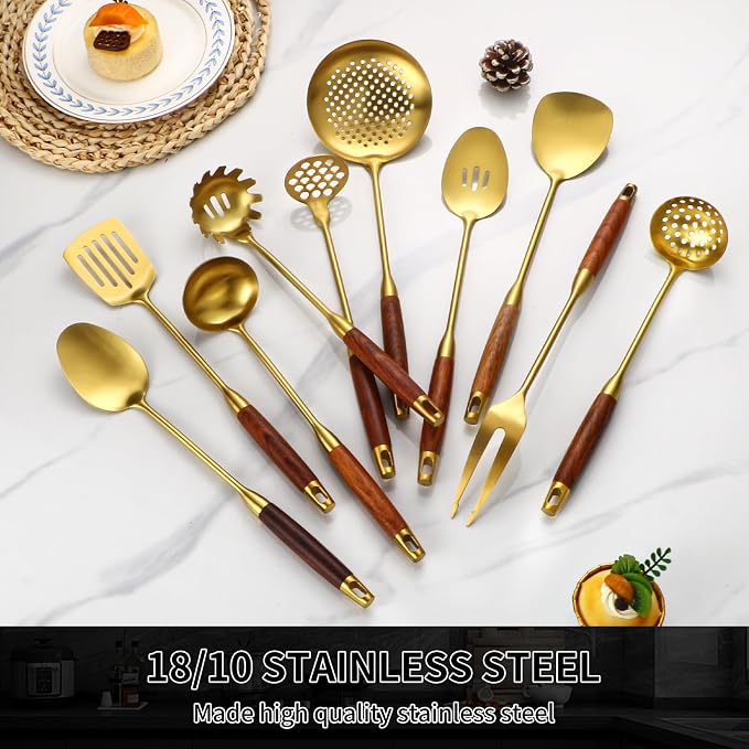 Izurok 18/10 Stainless Steel Kitchen Utensils Set,10 Piece Cooking Utensils With Wood Handle,Heat Resistant Kitchen Tool Set With Spatula,Spoon,Ladle,Skimmer,Slotted Turners,Pasta,Turner,Ladl,Fork - Image 6