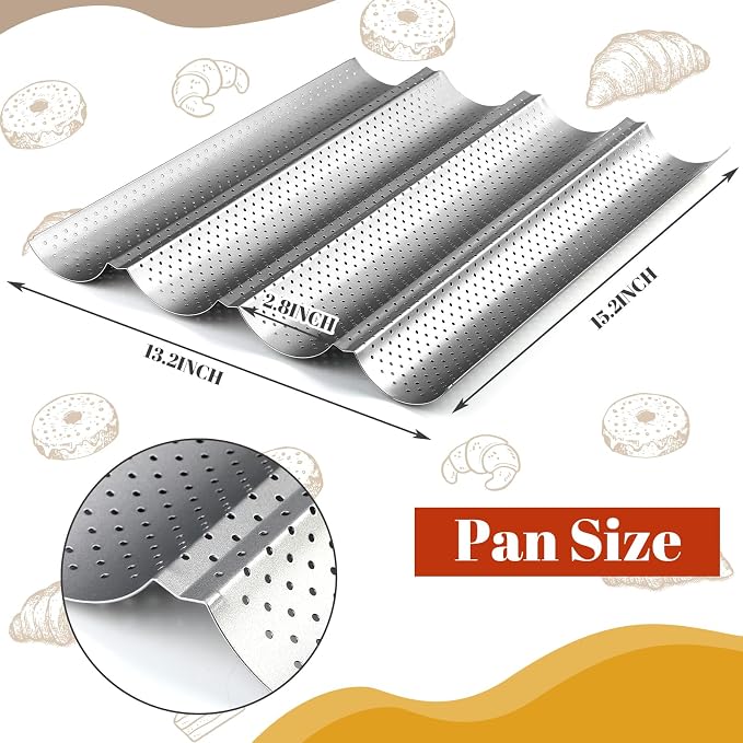 Mifoci 6 Pcs Baguette Bread Pan Nonstick Perforated Baguette Pan 15" x 13" Carbon Steel Mold 4 Wave Loaves Loaf Oven Tray for Sourdough French Bread Baking(Silver) - Image 2