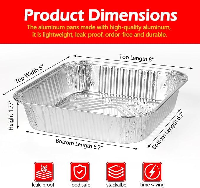 8x8 Aluminum Foil Pans with Lid, 20 Pack Disposable Trays Half Size Heavy Duty Tin Pans Deep Food Containers For Cooking, Meal Prep, Baking, Roasting, Chafing, Heating or Steam Table - Image 2