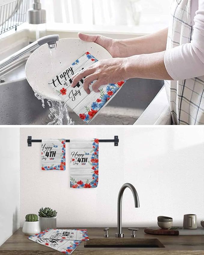 Independence Day Hand Towels Set,Waffle Weave Kitchen Towels 2PCS,USA Flag Flowers Leaves Grey Wood Grain Microfiber Hair Face Bath Tea Towel Absorbent Quick Drying Cleaning Dish Cloths,15.7"x23.6" - Image 6