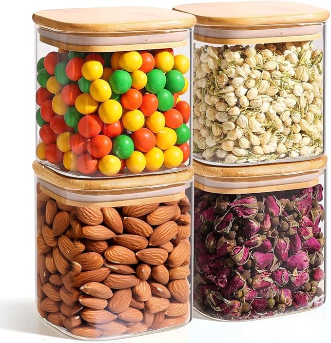 ComSaf Square Glass Containers with Lids 0.7 Qt, Set of 4 Pantry Glass Jars | Glass Storage Containers with Lids, Small Canisters, Spice Jar, Bamboo Lid with Silicone Seal, Size For Subpackage, BPA Free by ComSaf