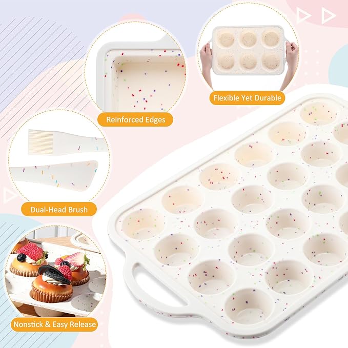 7 Pcs Silicone Baking Pan Set Nonstick Bakeware Set Include Loaf Muffin Mini Muffin and Round Pan, Spatula, Dual-head Pastry Brush Oven Mitts for Cupcakes Brownies Bread, Confetti Design - Image 4