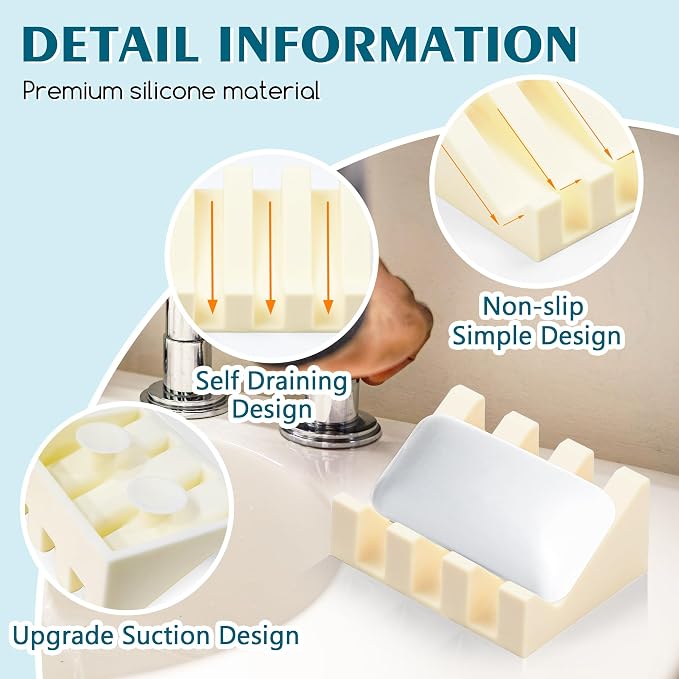 2 Pack Self Draining Silicone Soap Dish for Shower & Kitchen - Waterfall Bar Soap Holder Tray, Non-Slip Soap Saver Keeps Soap Dry, Easy to Clean, Extends Soap Life (CreamWhite) - Image 3