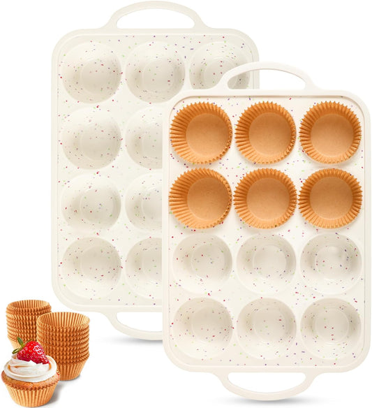 2 Silicone Muffin Pans for Baking with 200 Mini Cupcake Liners, Back to School 1st First Day of School Kitchen Dorm Room Bakeware Supplies, Muffin Tin(12-Cup Regular)