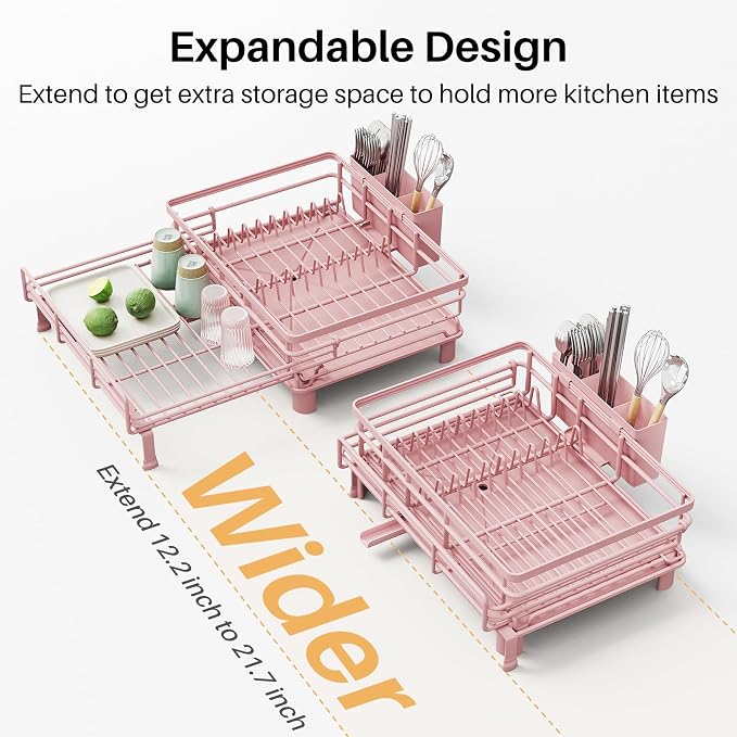 SNTD Expandable Dish Drying Rack for Kitchen Counter, Stainless Steel, Pink - Image 5