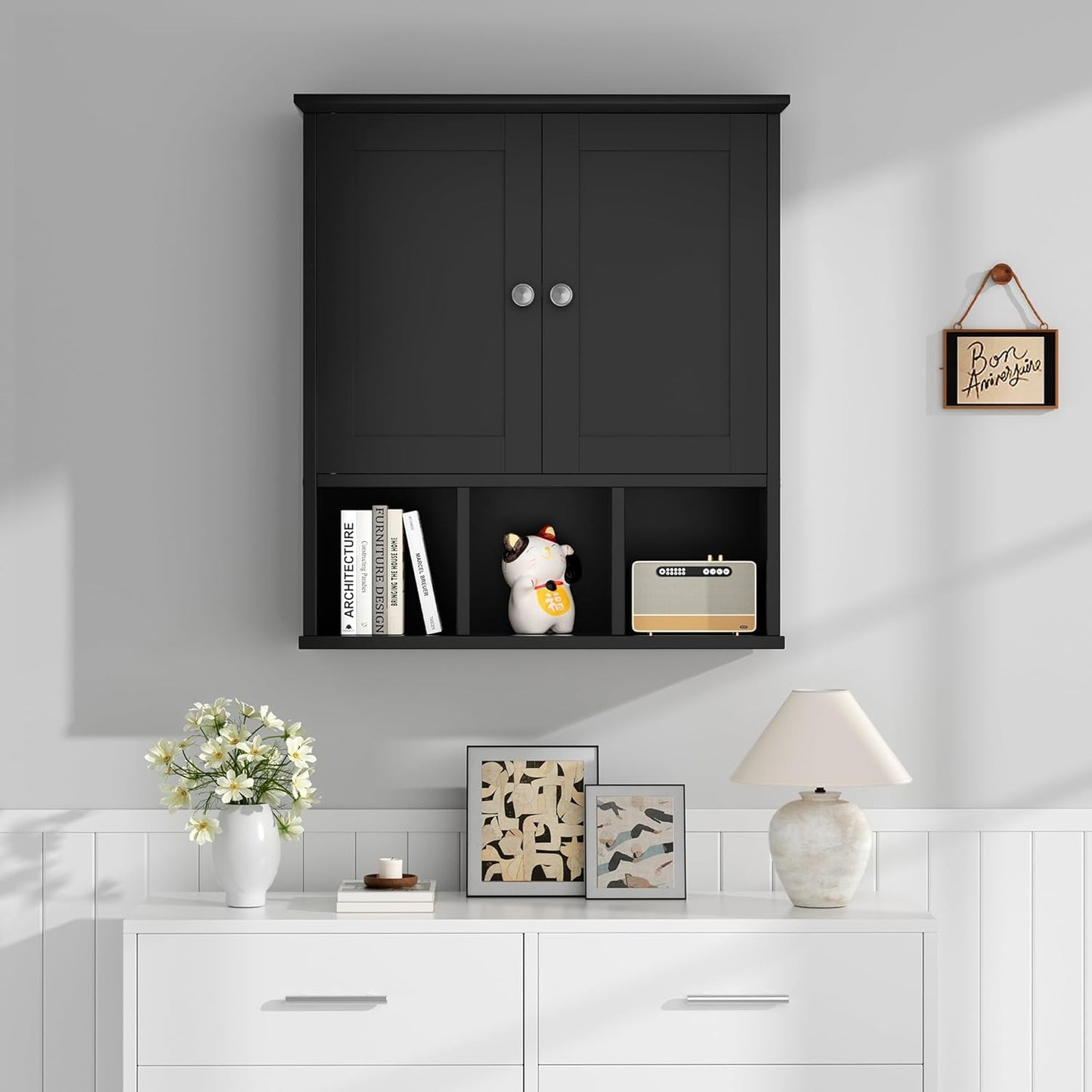 Shintenchi Bathroom Wall Cabinet with Door, Storage Organizer Over The Toilet Medicine, Space Saving with Adjustable & Open Shelf, Black
