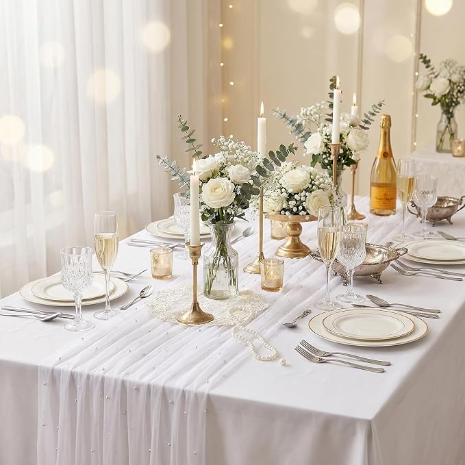 Pearl Gauze Table Runner Tulle Centerpieces Fabric White 10ft Wedding - Image 6