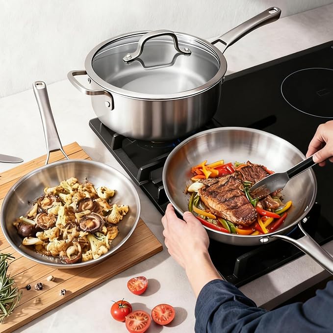 VINGLI 10 Pcs Cookware Set, Stainless Steel Pots and Pans Set with Lids, Non-Toxic Saute Sauce Pot, Soup Pot, Frying Pan, PFOA & PTFE Free, Compatible for All Cooktops(10 Cookware Set) - Image 7