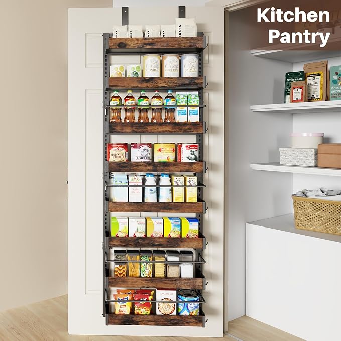 8 Tier Over The Door Pantry Organizer, 2 IN 1 Wall Mount or Metal Hanging Spice Rack for Pantry Organizers and Storage, Seasoning Shelves，Adjustable Basket with Hooks for Kitchen Cabinet and Closet - Image 4