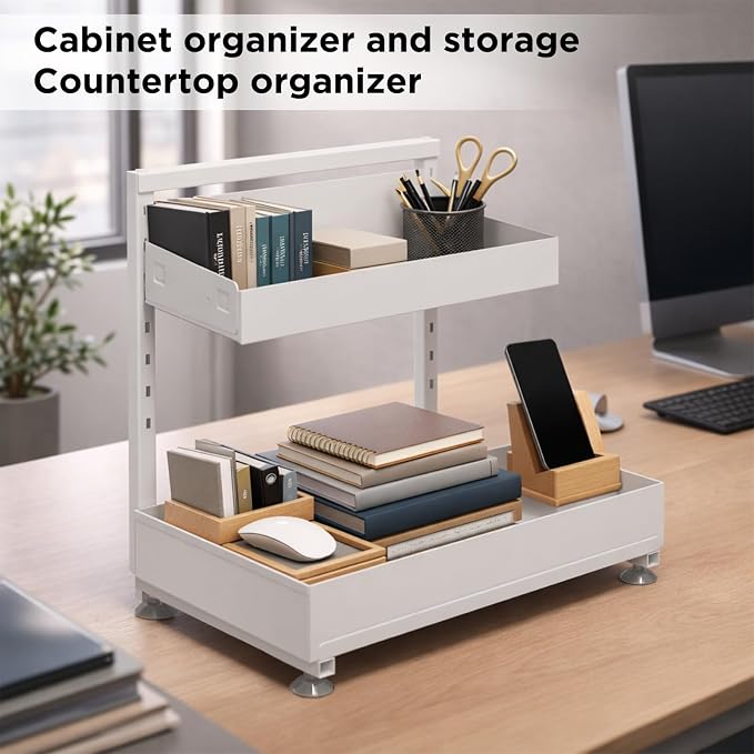 Under Sink Organizer Bathroom Kitchen: 2 Pack 2 Tier Metal Under Cabinet Storage with Height-adjustable Shelf and Pull out Rack for Pantry Vanity Cupboard Counter Countertop, White - Image 7