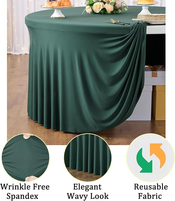 6 Pack Hunter Green Spandex Round Tablecloths for 60 Inch Tables, Stretchy 120 Inch Fitted 5FT Cloths, Wrinkle-Free Cover With Skirt for Wedding, Birthday, Party, Banquet, Graduation - Image 3