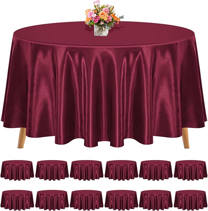 12 Pack 120 Inch Round Satin Tablecloth, Burgundy by REWOMC