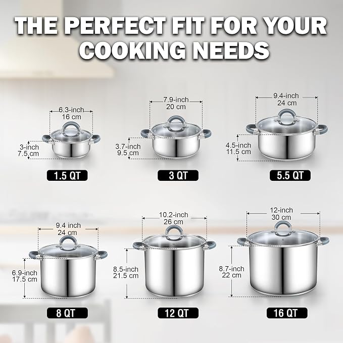 Cook N Home Basics 12 Quart Stainless Steel Stock Pot with Lid, Cooking Pot for Pasta, Soup, Stay-Cool Silicone Handle, Stockpot with Even Heating, Oven Safe, Cookware for Canning, Boiling, Simmer - Image 2