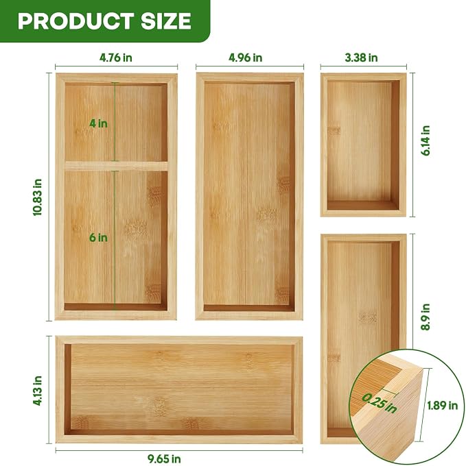 MapleGrace Bamboo Drawer Organizer Set, Individual Wood Storage Organizers - Image 3