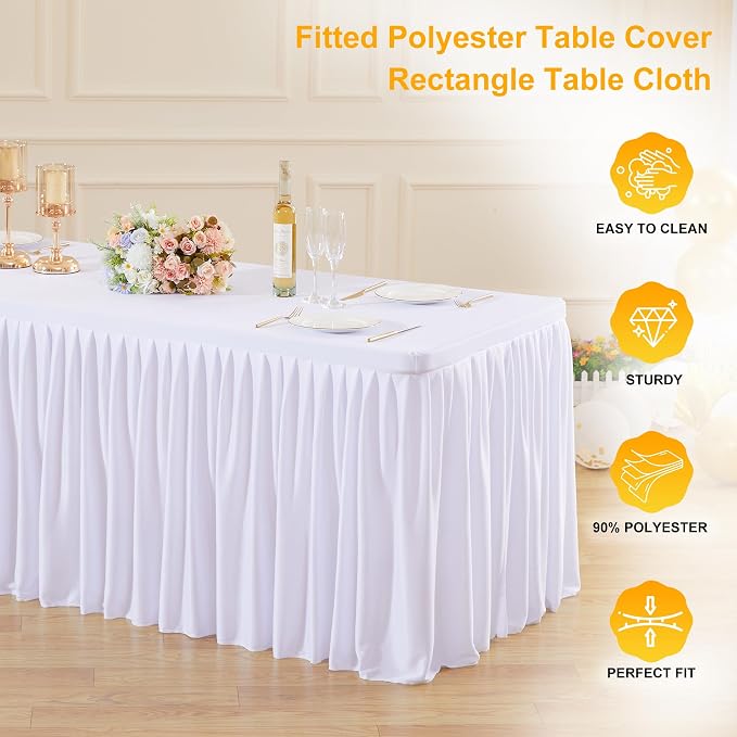 Wish Care White Polyester Table Clothes for 8 Foot Rectangle Tables, Wrinkle Free Fitted Table Cover with Pleated Ruffle Table Skirt for Birthday Party Wedding Trade Show Event Display - Image 4