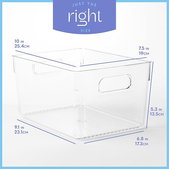 Plastic Food Storage 4 Pack Clear Container Bin with Handles for Organizing Kitchen, Pantry, Refrigerator, Freezer, Pantry, Cabinet, Closet, Bathroom. 10”x7.5”x5.3” - Image 3