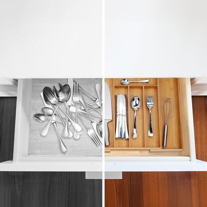 Relaxdays Cutlery Tray, Extendable, 8 Compartments, 5 x 32.5-52 x 45.5 cm, Kitchen Drawer Insert, Bamboo, Natural - Image 5