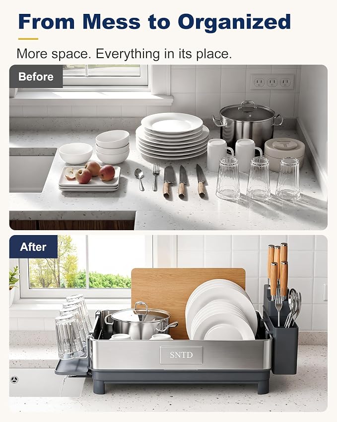 SNTD 304 Stainless Steel Dish Drying Rack for Small Kitchen Counter, Grey - Image 8